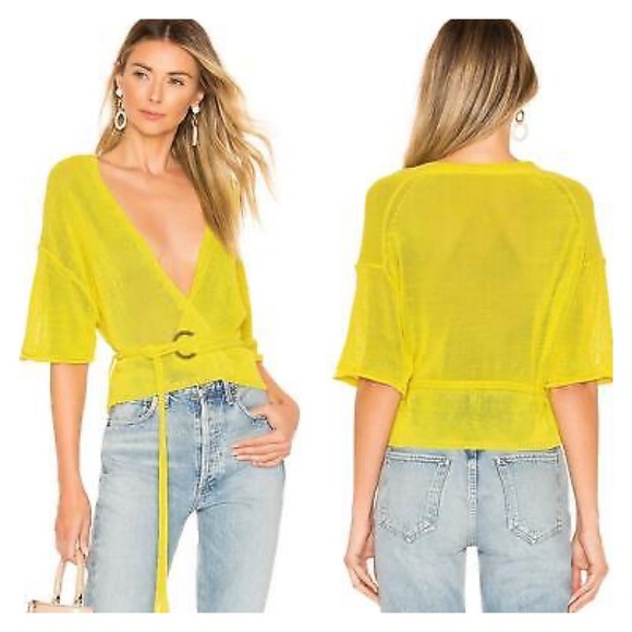 FREE PEOPLE Hello Yellow Tie Waist Knitted Cropped Textured Cardigan XS - Picture 1 of 13